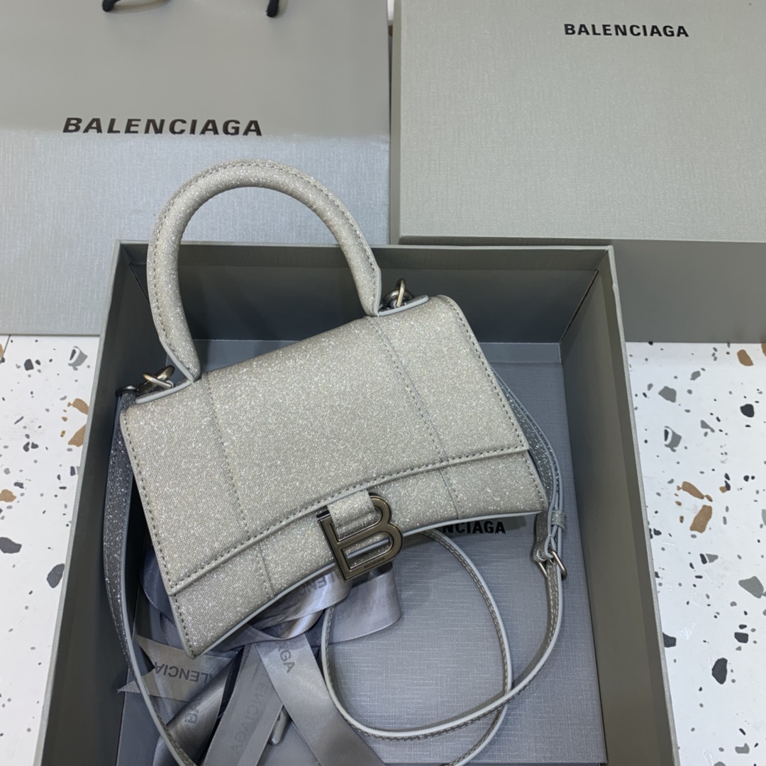 Balenciaga Hourglass XS Handbag Glitter Material Shoulder Bag Gray